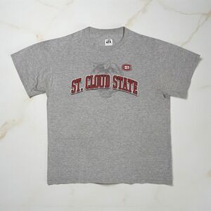 St. Cloud State Huskies SCSU T-Shirt Men's Large Gray NCAA Spell Out Faded Y2K